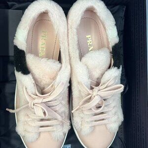 Prada Shearling-Trimmed Sneakers In Pink Leather Women Pink Size 6.5